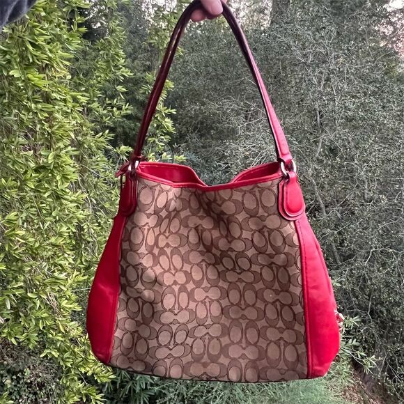COACH Edie 31 Women's Tan/Red Shoulder Bag with Silver Hardware AUTHENTIC - Picture 2 of 8